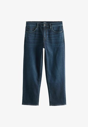 Jeans de denim bleumarin, drepti, cu închidere frontală cu nasture și fermoar, bucle pentru curea și design cu cinci buzunare.