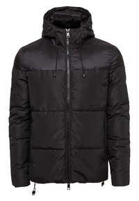 Black padded jacket with a hood, featuring a zip front, drawstring accents, and a smooth finish with a contrasting upper section.