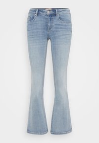 Lyseblå denim bukser med vid nederdel, høy midje, fem lommer og subtil falming, med kontrastsøm og klassisk knappelukking.