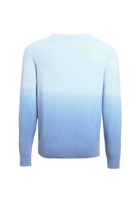 Pull bleu clair avec un dégradé qui s'assombrit vers le bas, doté de manches longues et de poignets et ourlet côtelés.