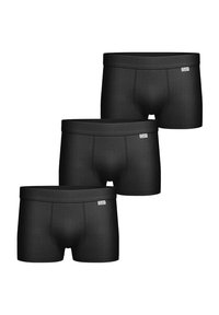 Svarta boxerkalsonger i ett paket med tre. Tillverkade av ett slätt, elastiskt tyg med ett brett midjeband; minimalistisk design; inga synliga mönster.