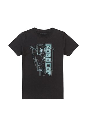 Schwarzes T-Shirt mit blauer Grafik von RoboCop, der eine Waffe zielt, und dem Wort "ROBOCOP" in einem Schaltkreis-Design.