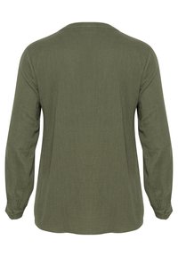 Langärmliges Shirt in Olivgrün, aus weichem, strukturiertem Stoff. Mit rundem Halsausschnitt und geknöpften Manschetten. Rückansicht gezeigt.