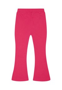 Legging évasés en tissu rose doux et extensible. Dotés d'une large ceinture et d'ourlets évasés, offrant un confort optimal.