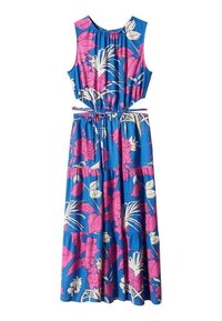 Robe longue bleue sans manches avec un grand motif floral rose et blanc et une fine ceinture nouée à la taille.