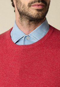 Roter Pullover mit rundem Ausschnitt, über einem hellblauen Hemd mit Kragen getragen. Weicher Stoff, keine Muster, minimal sichtbare Hardware.