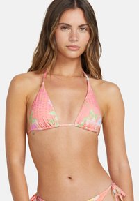 Triangular bikini top in pink with floral and animal print patterns, adjustable ties, and soft texture. Suitable for swimwear or beachwear.