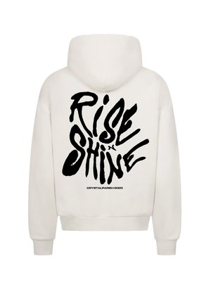 Biała bluza z kapturem z czarnym napisem graficznym "RISE x SHINE" na plecach. Casualowy fason z regulowanym kapturem i ściągaczami przy mankietach.