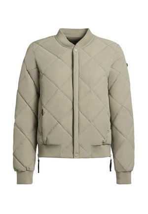 Gequilted lichtgrijze bomberjack met geribde kraag en manchetten, voorzien van een drukknoopsluiting aan de voorkant en zijzakken. Gladde textuur met ruitpatroon.