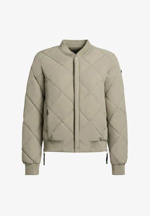 Gequilted lichtgrijze bomberjack met geribde kraag en manchetten, voorzien van een drukknoopsluiting aan de voorkant en zijzakken. Gladde textuur met ruitpatroon.