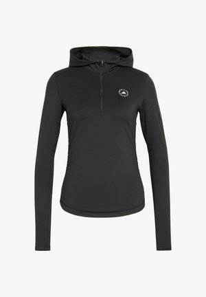 Pullover nero a maniche lunghe con cappuccio, caratterizzato da una mezza cerniera frontale e un logo circolare sul petto. Tessuto liscio e leggero con un design aderente.