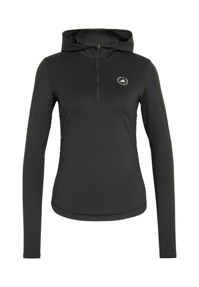 Black long-sleeve pullover with hood, featuring a half-zip front and a circular logo on the chest. Smooth, lightweight fabric with a fitted design.