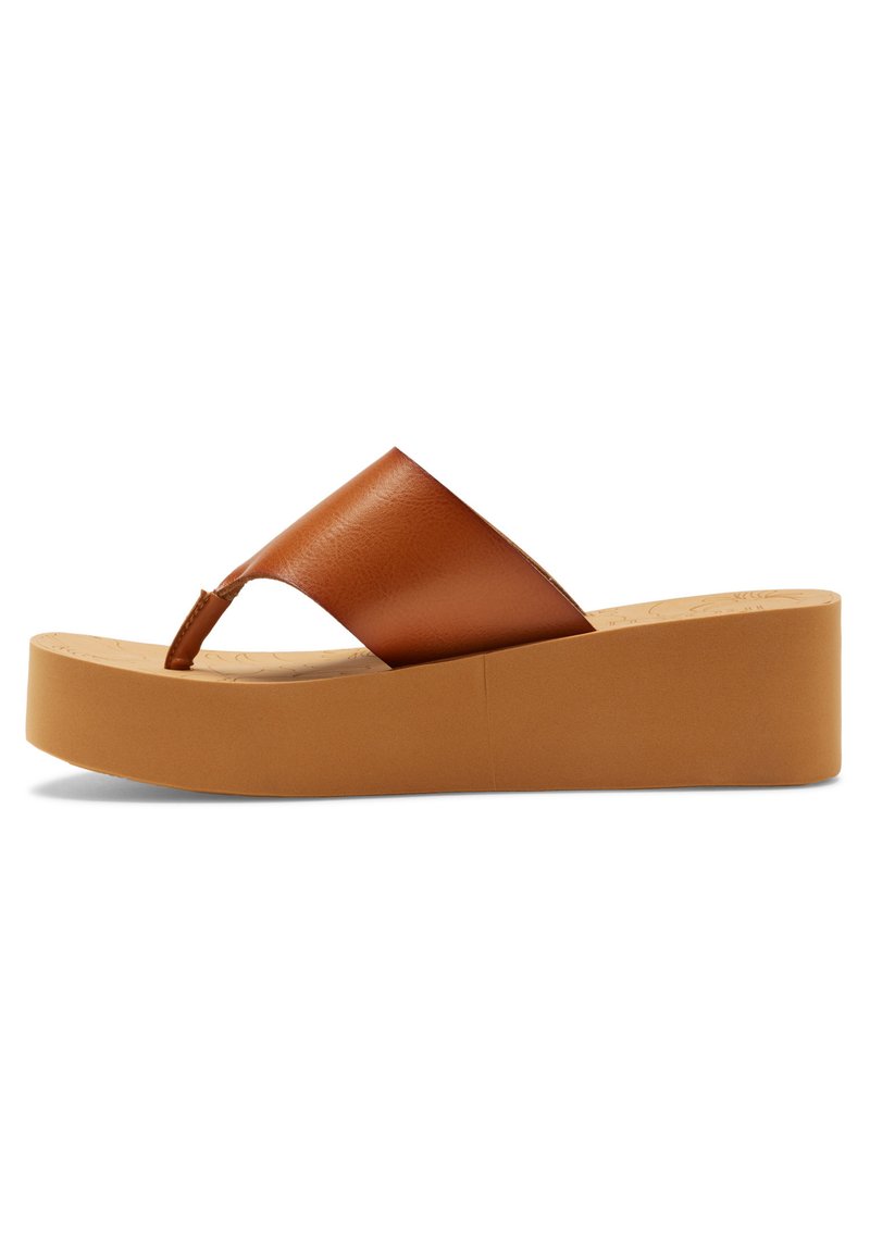 Brown leather flip-flop sandal with a wide strap and a 2-inch tan platform sole. Textured footbed visible, offering a casual design.