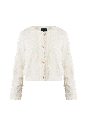 Cardigan bianco texture con maniche lunghe, caratterizzato da un motivo simile a frange, bottoni dorati e un orlo a coste. Chiusura frontale con bottoni.