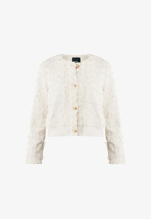 Cardigan bianco texture con maniche lunghe, caratterizzato da un motivo simile a frange, bottoni dorati e un orlo a coste. Chiusura frontale con bottoni.