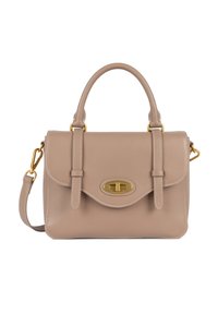 Borsa a tracolla in pelle beige con finiture dorate, manico superiore, tracolla, doppio flap di chiusura e dettagli di cucitura bianca lungo i bordi.