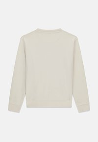 Beige dlouhý rukáv svetr s crewneck výstřihem, s žebrovanými manžetami a lemem, zobrazený ze zad na jednoduchém bílém pozadí.