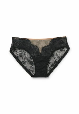 Black lace panties featuring a floral pattern, a scalloped edge, and a semi-sheer mesh panel at the center front. Soft texture throughout.