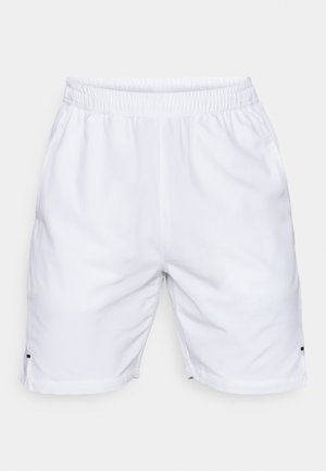 Pantaloni corti atletici bianchi realizzati in tessuto leggero. Presentano una vita elastica e piccole aperture laterali all'orlo. Nessun motivo o accento visibile.