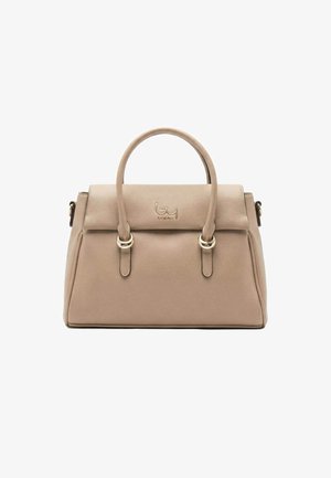 Borsa a mano beige strutturata con due manici arrotondati, anelli hardware dorati e un piccolo logo metallico sulla patta frontale.