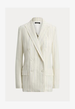 Double-breasted white blazer with thin vertical blue stripes, peak lapels, two flap pockets, and buttoned chest pocket.