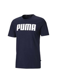 Námořnická modrá bavlněná tričko s velkým bílým logem "PUMA" na přední straně. Kulatý výstřih a krátké rukávy, s rovnými lemy.