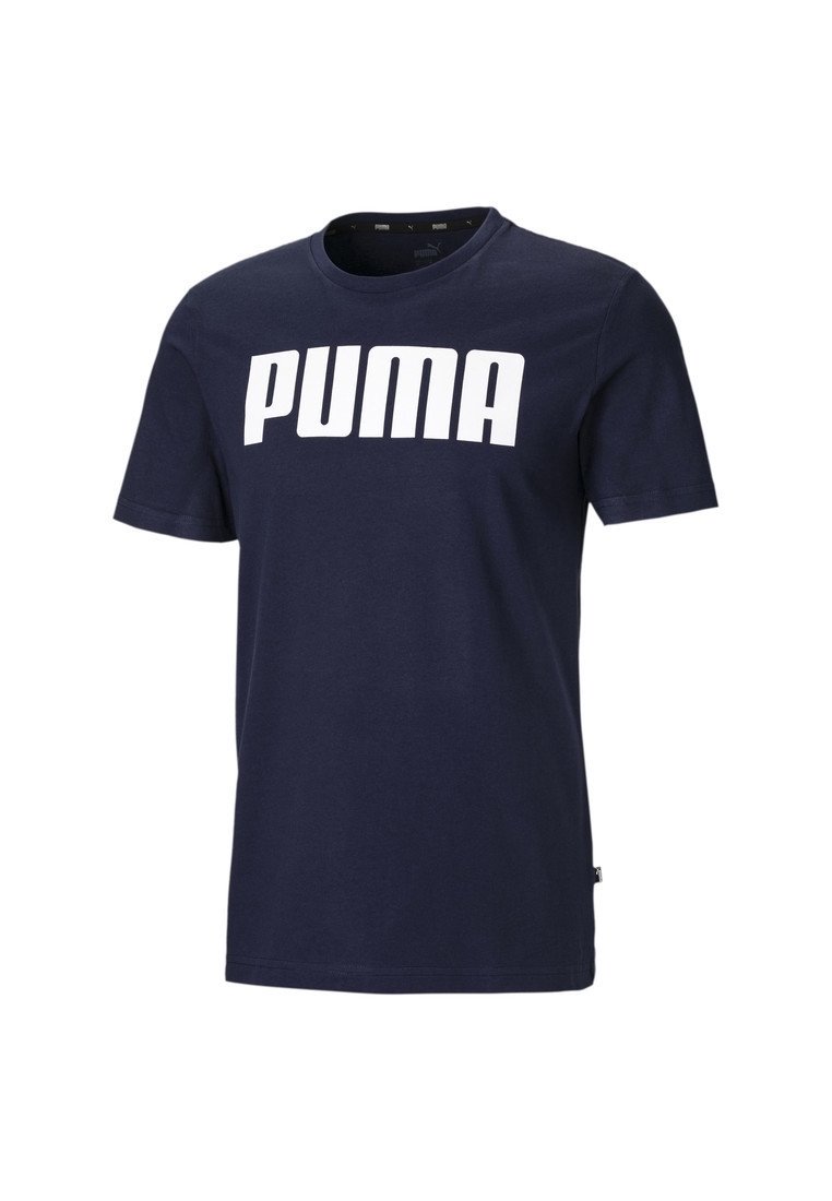 Námořnická modrá bavlněná tričko s velkým bílým logem "PUMA" na přední straně. Kulatý výstřih a krátké rukávy, s rovnými lemy.