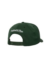 Grüne Baseballmütze mit verstellbarem Riemen, mit weißem gestickten "Mitchell & Ness"-Logo auf der Rückseite. Hergestellt aus einem Stoff mit glatter Textur.