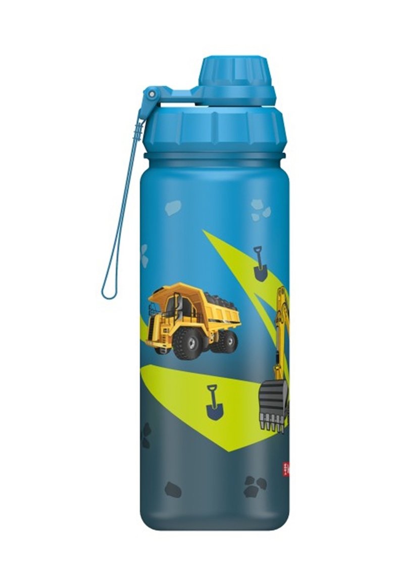 Blue plastic water bottle with a yellow dump truck and excavator graphic, featuring a textured grip and a secure screw-on lid.