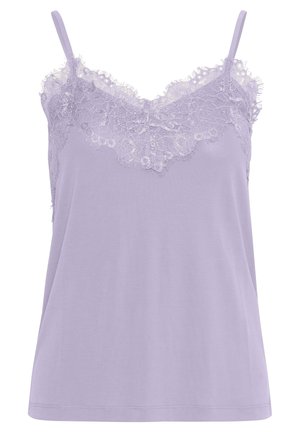 Lavendel camisole met kantafwerking langs de halslijn, dunne bandjes, gladde stof en een ontspannen pasvorm.