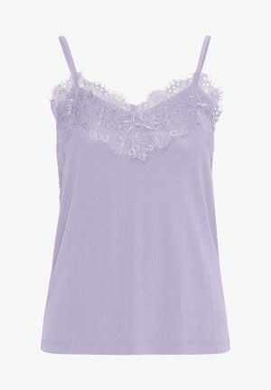 Lavendel top med blonderkant langs udskæringen, tynde stropper, glat stof og en afslappet pasform.