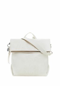 Borsa in pelle crema con pattina pieghevole, caratterizzata da motivi floreali in rilievo. Ha una maniglia superiore e una tracolla rimovibile.