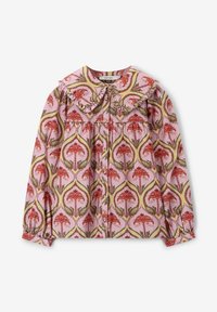 Floral-patterned blouse with a pink background, ruffled collar, button front, and long sleeves featuring elastic cuffs.