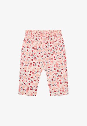 Floral-patterned leggings with a light pink base, featuring red, blue, and coral flowers, gathered waistband, and cropped length.
