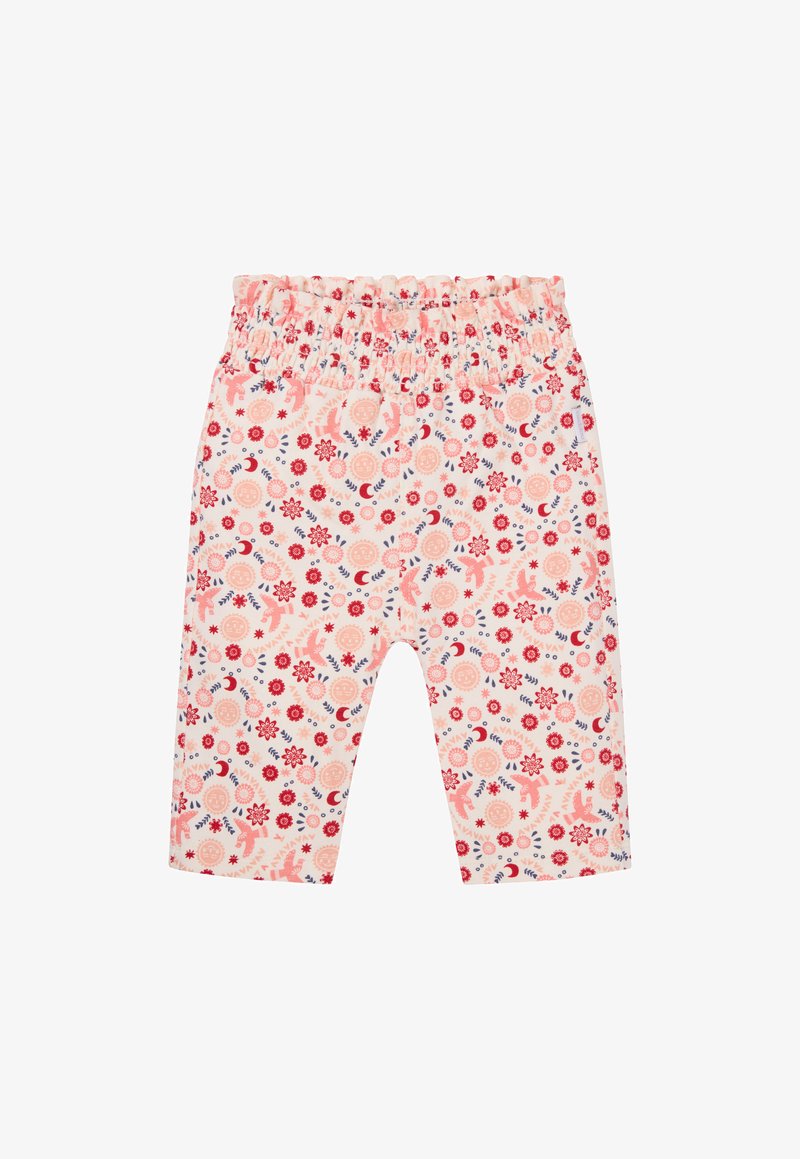 Leggings met een bloemenpatroon op een lichtroze basis, met rode, blauwe en koraalkleurige bloemen, een geraffineerde tailleband en een cropped lengte.
