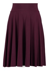 Gonna bordeaux lunga fino al ginocchio con vita alta, caratterizzata da un design plissettato e una texture di tessuto morbido e liscio. Stile minimalista senza fantasie.