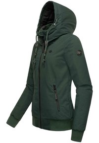 Green hooded jacket with a zip front, elastic cuffs, and adjustable drawstrings. Features a side zip pocket and logo patch on sleeve.