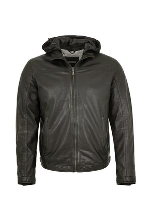 Black leather jacket with front zipper and attached hood, featuring side pockets and stitched detailing on sleeves and shoulders.