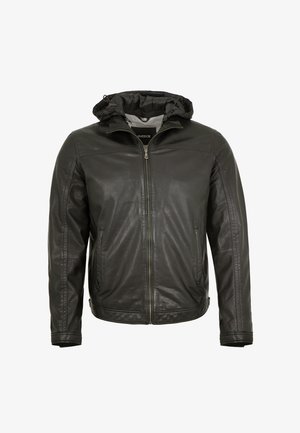 Schwarze Lederjacke mit Frontreißverschluss und angesetzter Kapuze, mit Seitentaschen und abgesteppten Details an Ärmeln und Schultern.