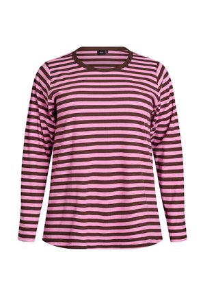 Lange mouwen top met horizontale strepen in roze en bruin. Geribbelde textuur, ronde halslijn en ontspannen pasvorm.