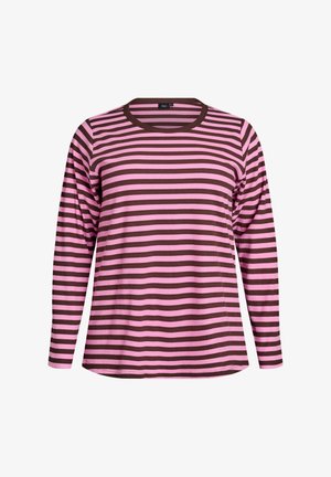 Long-sleeve top with horizontal stripes in pink and brown. Ribbed texture, round neckline, and relaxed fit.