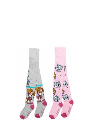 Zwei Paar Kinderstrumpfhosen; eine graue mit Cartoon-Hundemotiven, eine pinke mit weißen Hundegesichtern und kleinen Herzen, beide mit pinken Fersen und Zehen.