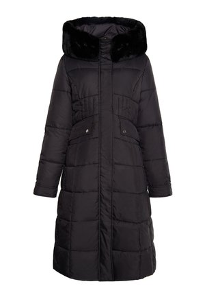 Schwarze gepolsterte Jacke mit einer Kapuze aus Kunstpelz, mit einem Reißverschluss vorne, Seitentaschen und gestepptem Design. Lange Ärmel, knielange Ausführung.