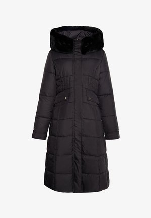 Schwarze gepolsterte Jacke mit einer Kapuze aus Kunstpelz, mit einem Reißverschluss vorne, Seitentaschen und gestepptem Design. Lange Ärmel, knielange Ausführung.