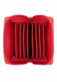 Red leather wallet with a zip closure, featuring multiple card slots and a smooth texture. Interior has a fan-like compartment design.