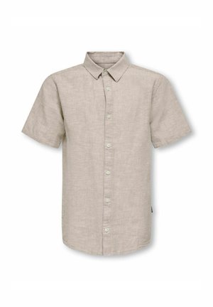 Kortsleeve, knappad skjorta i ljusbeige linne. Har en spetsig krage och framtill en knäppning med matchande knappar.
