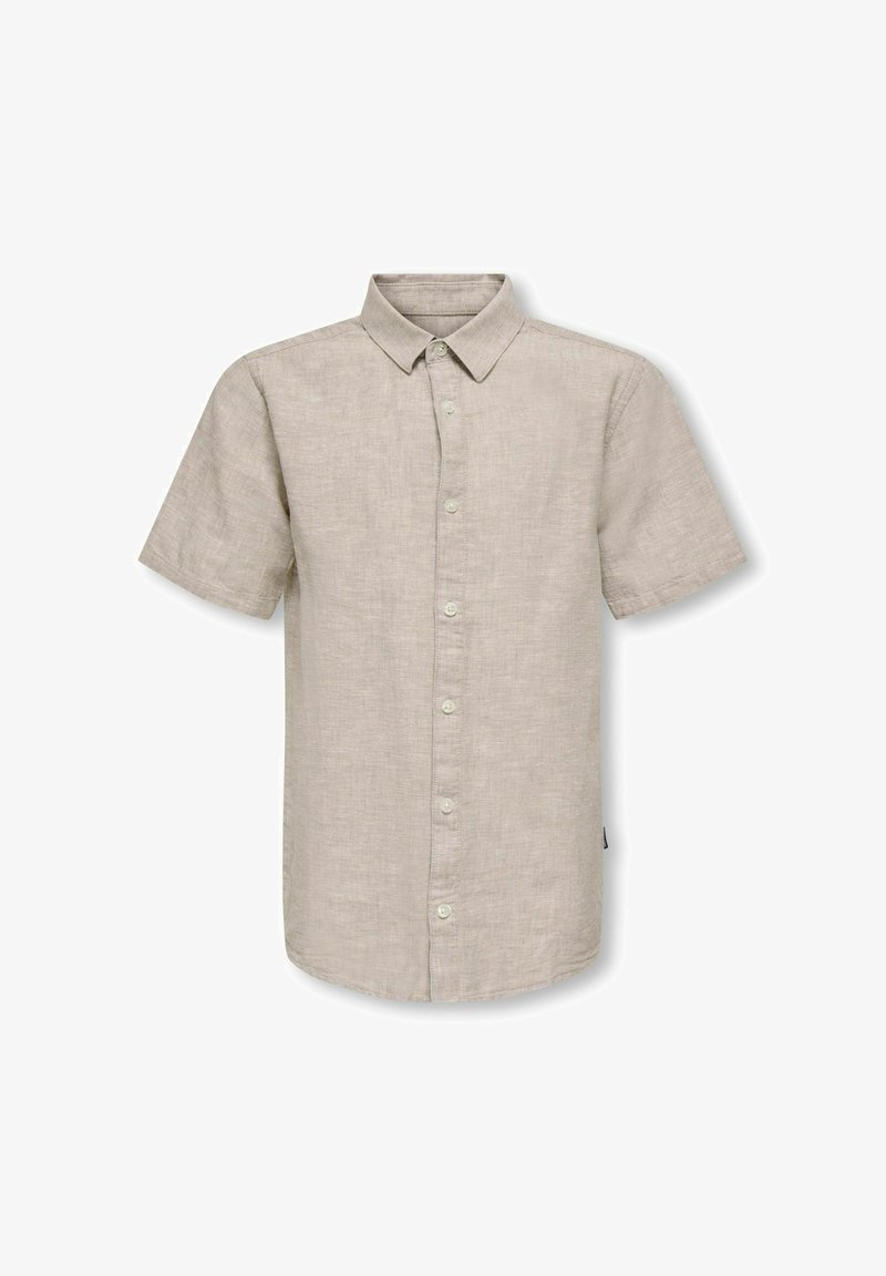 Camisa de manga corta, de lino en color beige claro. Presenta un collar puntiagudo y cierre frontal con botones a juego.