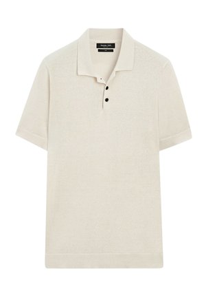 Polo beige a maniche corte con colletto e tre bottoni neri sulla patta frontale.