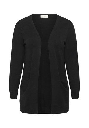 Schwarzer Langarm-Cardigan aus weichem Strickmaterial mit offenem Vorderteil, zwei Vorderentaschen sowie gerippten Ärmelabschlüssen und Saum.