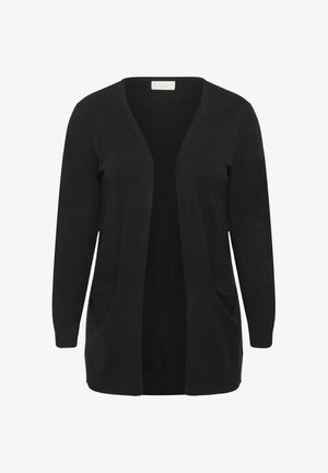 Crni kardigan s dugim rukavima izrađen od mekane pletene tkanine, s otvorenim prednjim dijelom, dva prednja džepa i rebrastim manšetama i rubom.